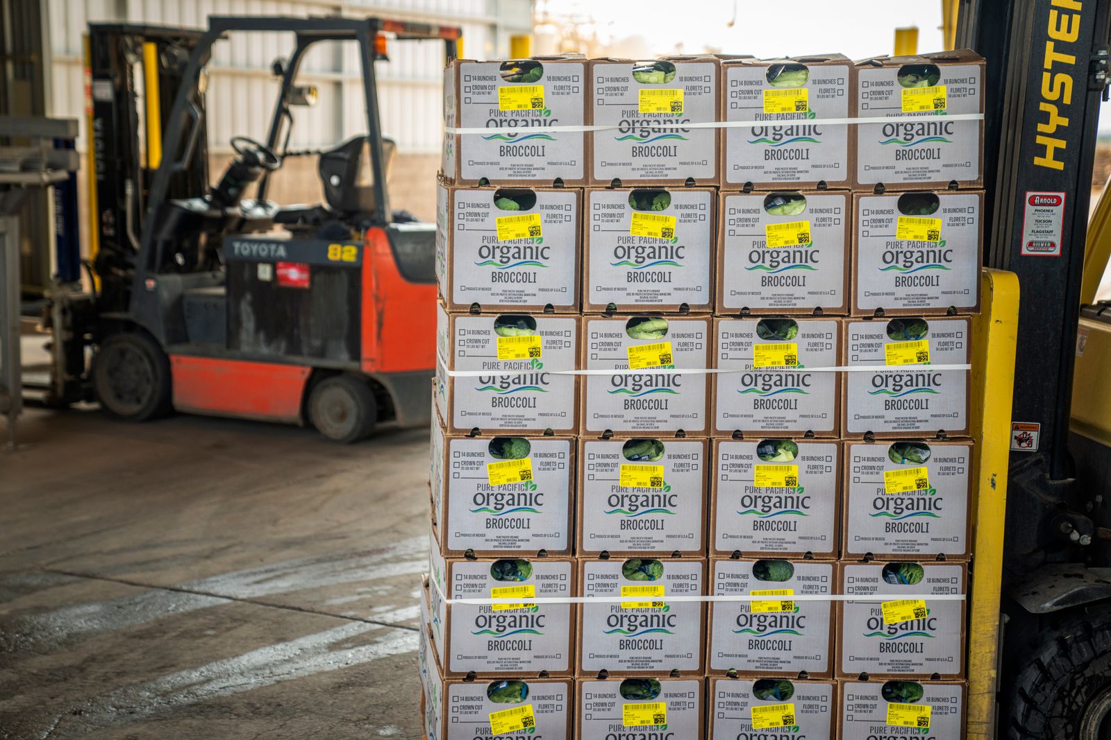 Forklift and stacked cargo at a warehouse receiving area